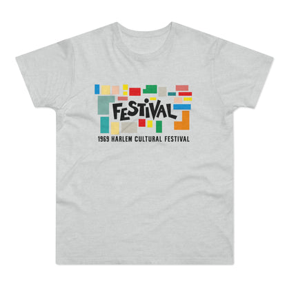 Light grey t-shirt with "FESTIVAL" and "1969 Harlem Cultural Festival" text.