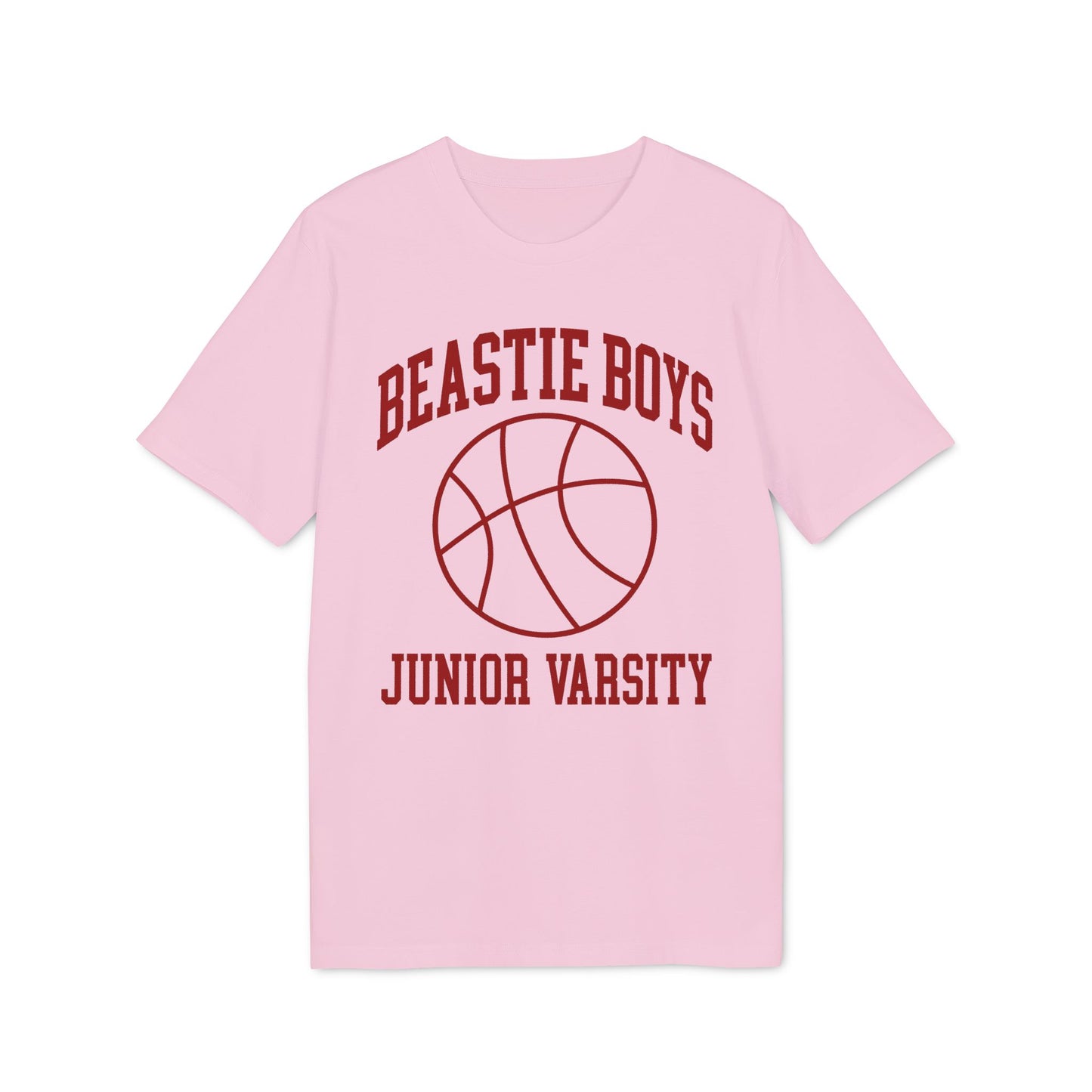 Pink t-shirt with "Beastie Boys Junior Varsity" and a basketball graphic.