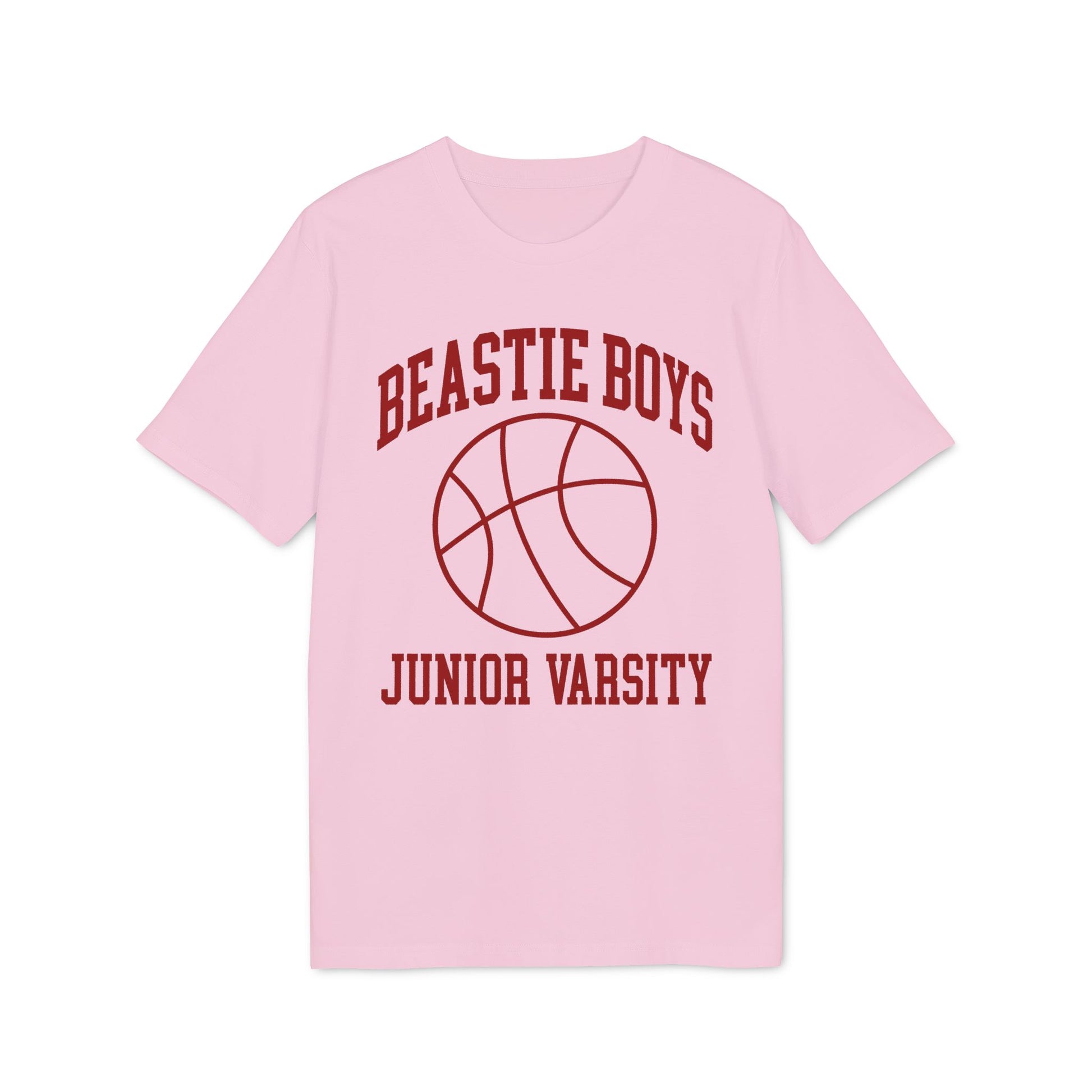 Pink t-shirt with "Beastie Boys Junior Varsity" and a basketball graphic.