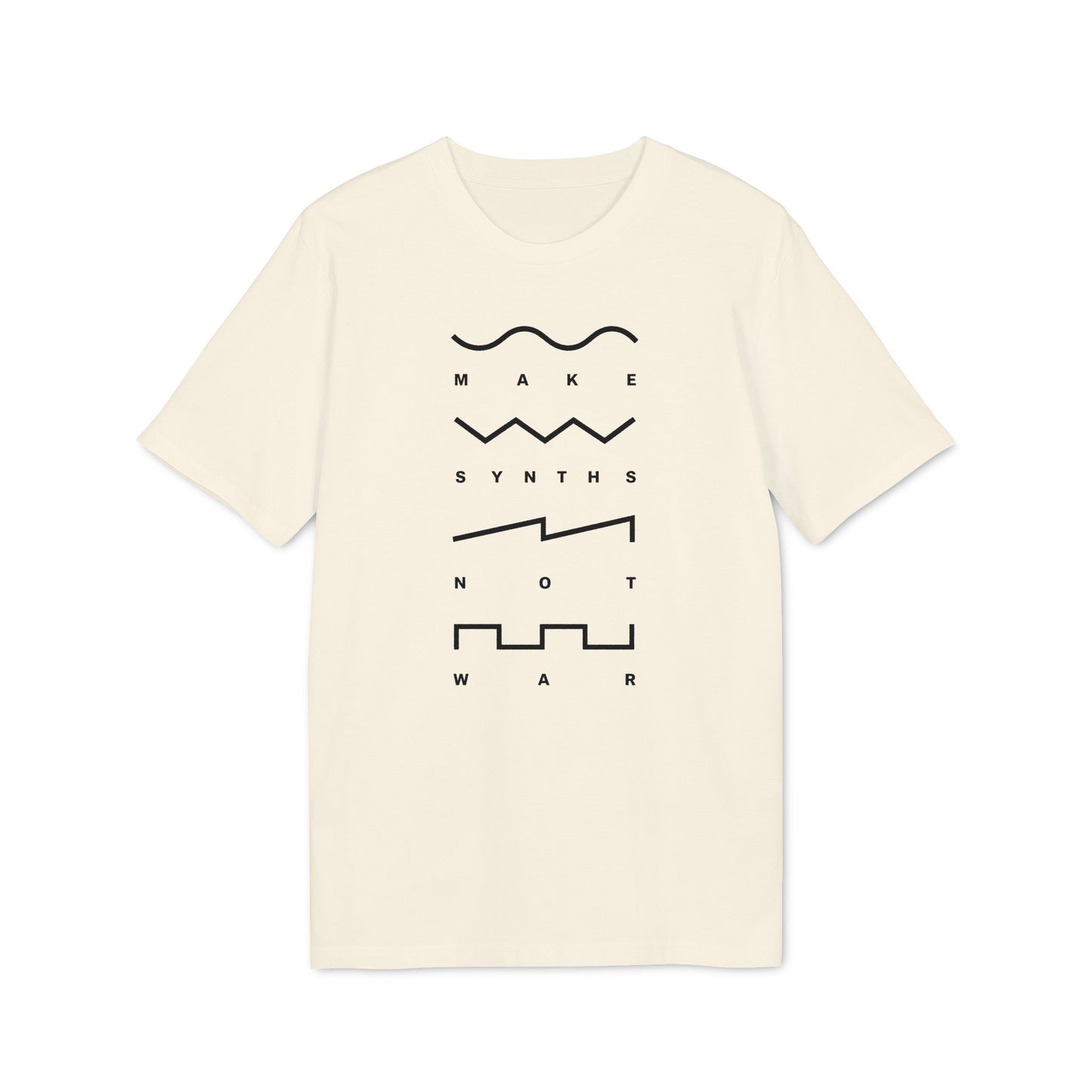 Cream t-shirt with "MAKE SYNTHS NOT WAR" in black text and waveform graphics.