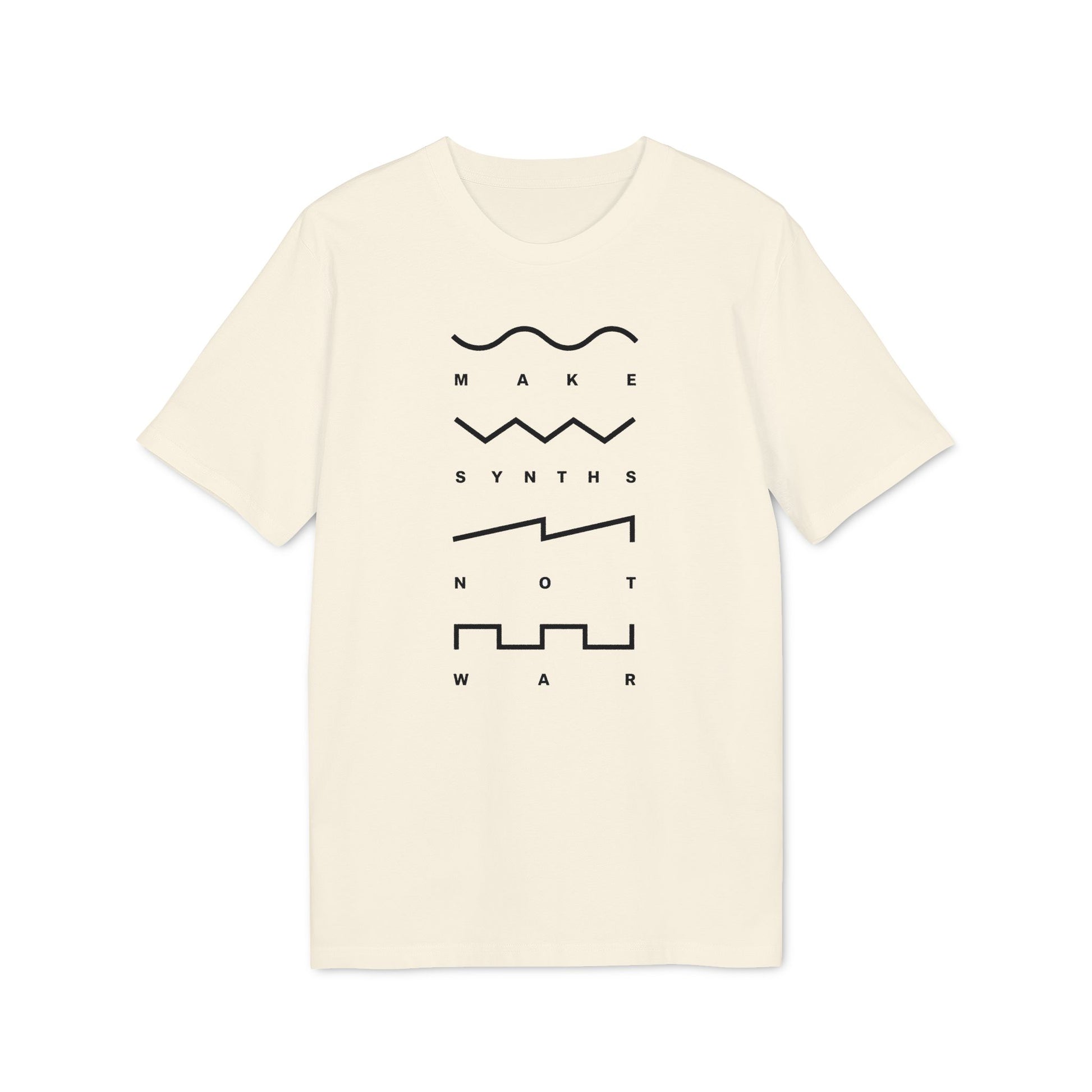 Cream t-shirt with "MAKE SYNTHS NOT WAR" in black text and waveform graphics.