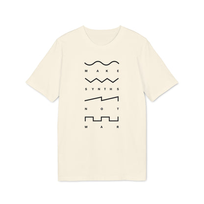 Cream t-shirt with "MAKE SYNTHS NOT WAR" in black text and waveform graphics.