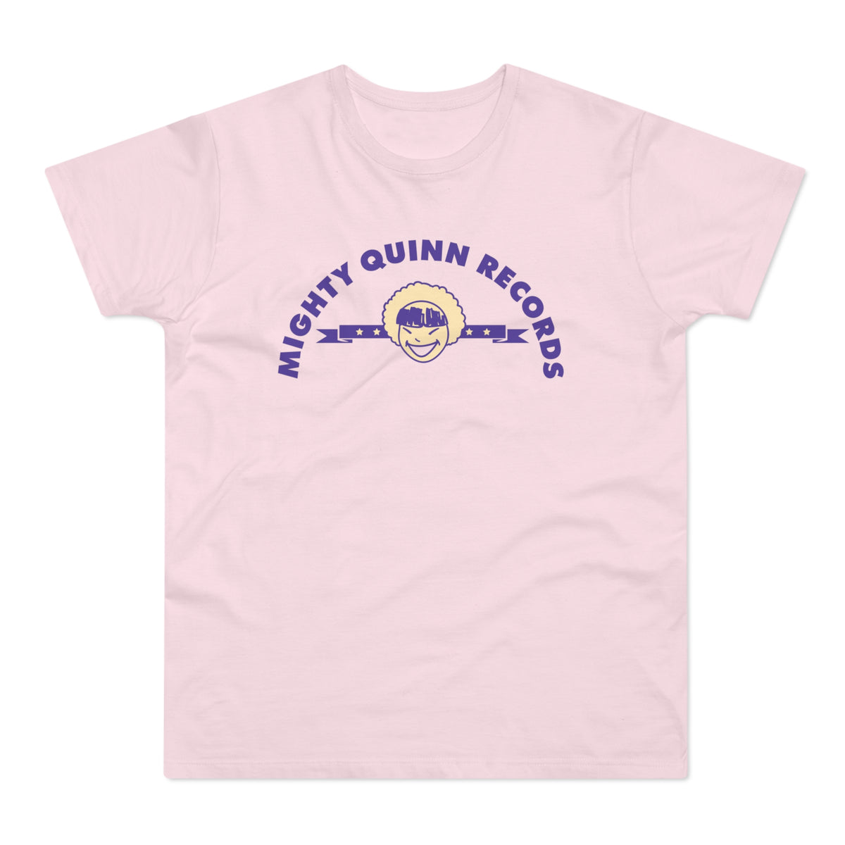 A light pink short-sleeved t-shirt featuring the purple text Mighty Quinn Records arched over a cartoon face.