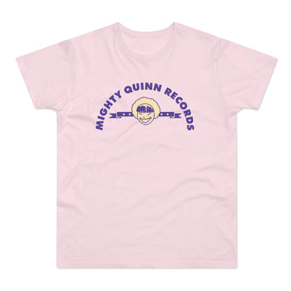 A light pink short-sleeved t-shirt featuring the purple text Mighty Quinn Records arched over a cartoon face.