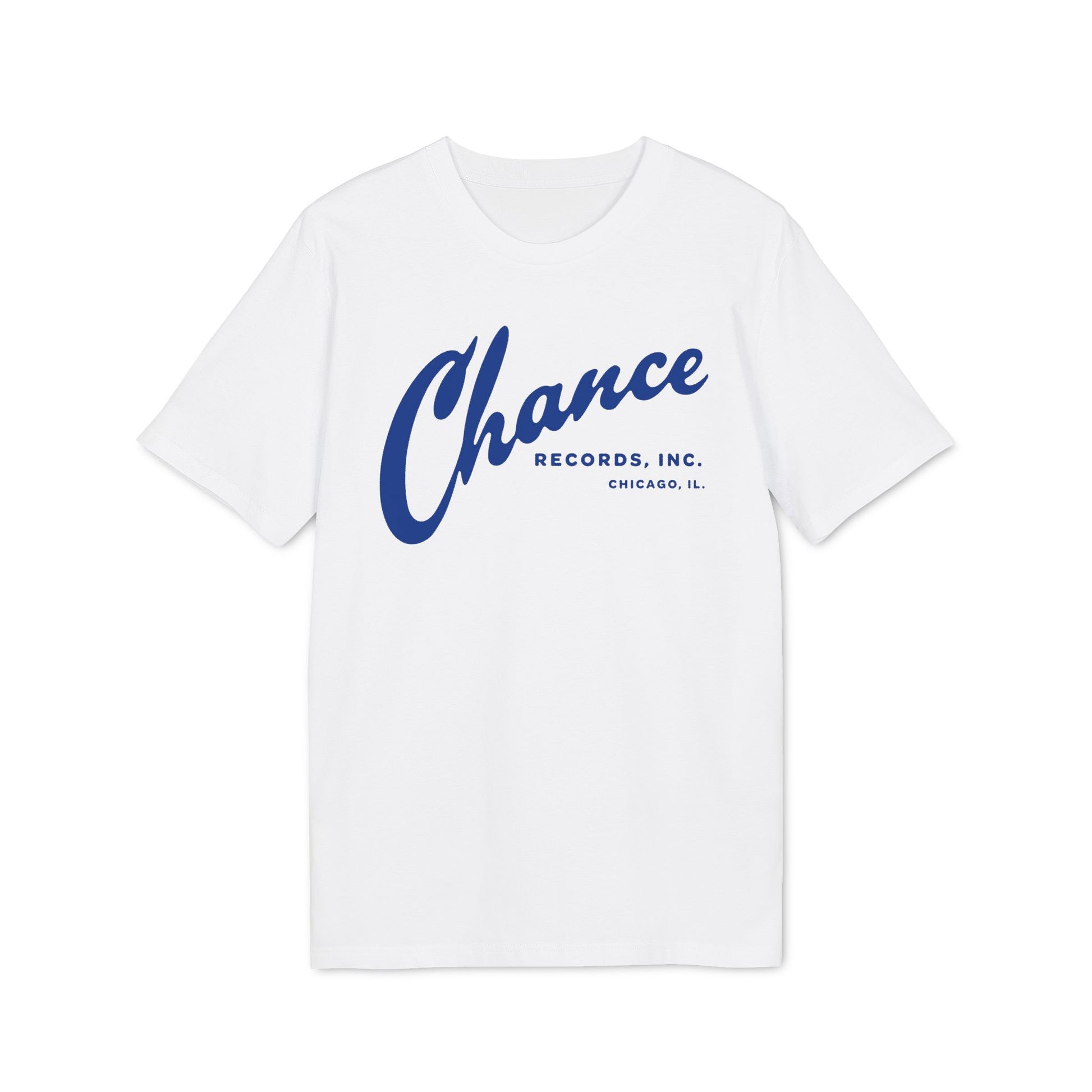 White t-shirt with blue "Chance Records, Inc. Chicago, IL." logo.