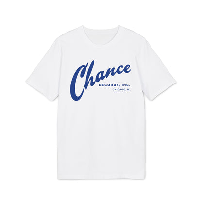 White t-shirt with blue "Chance Records, Inc. Chicago, IL." logo.
