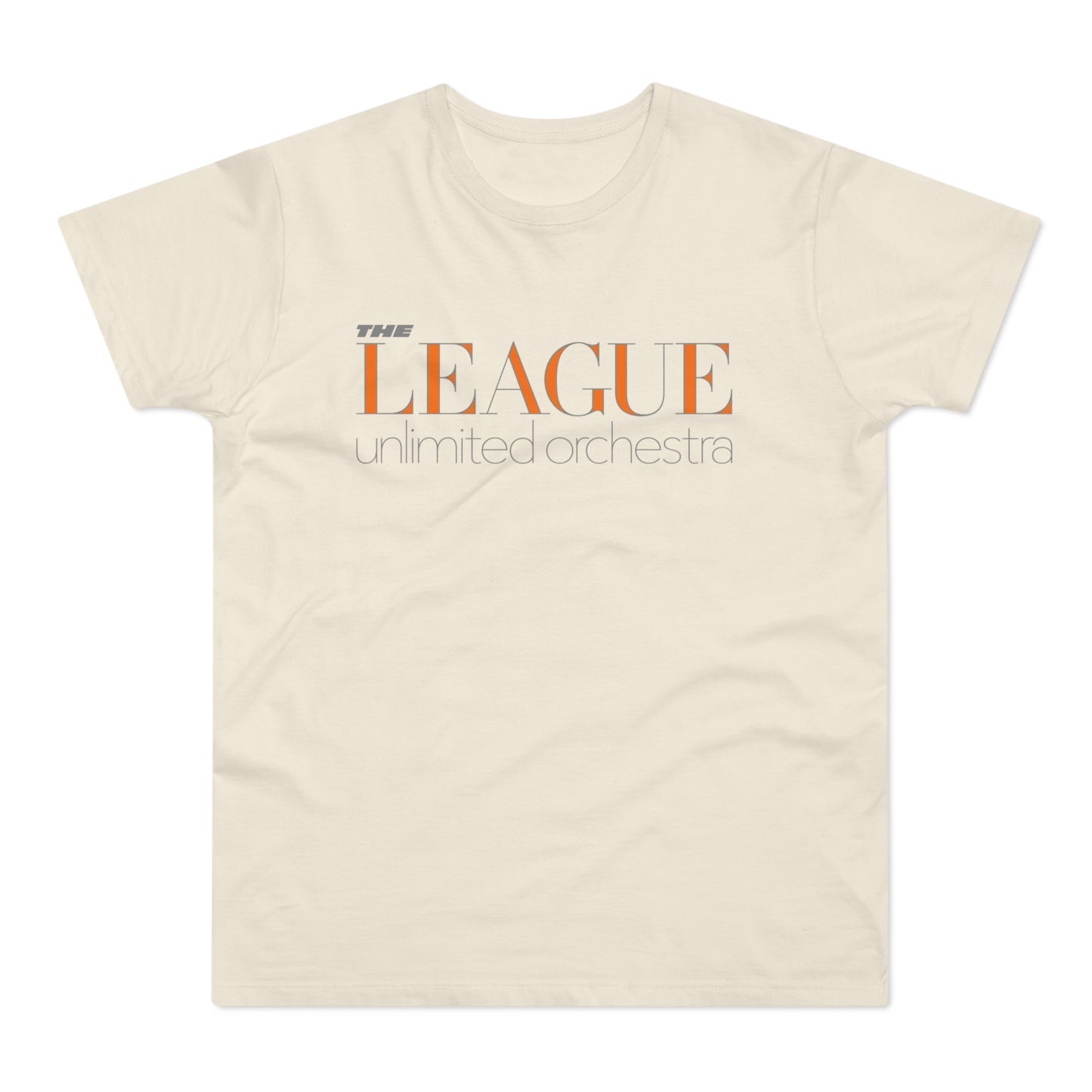 Cream t-shirt with "THE LEAGUE unlimited orchestra" text graphic.
