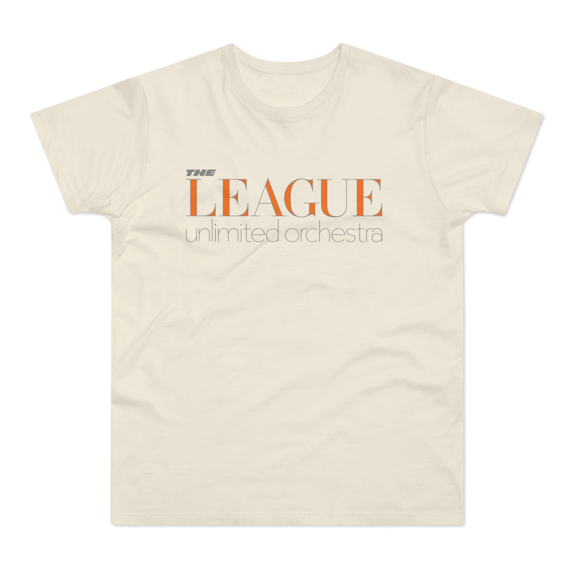 Cream t-shirt with "THE LEAGUE unlimited orchestra" text graphic.