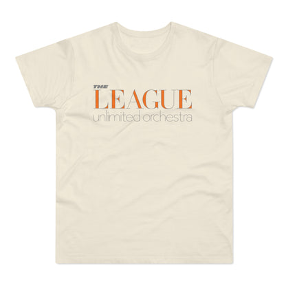 Cream t-shirt with "THE LEAGUE unlimited orchestra" text graphic.