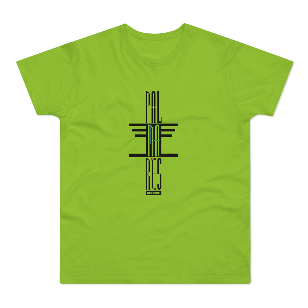 Lime green t-shirt with black "PALM RES RECORDS" logo and graphic design.