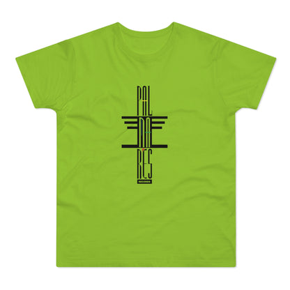 Lime green t-shirt with black "PALM RES RECORDS" logo and graphic design.