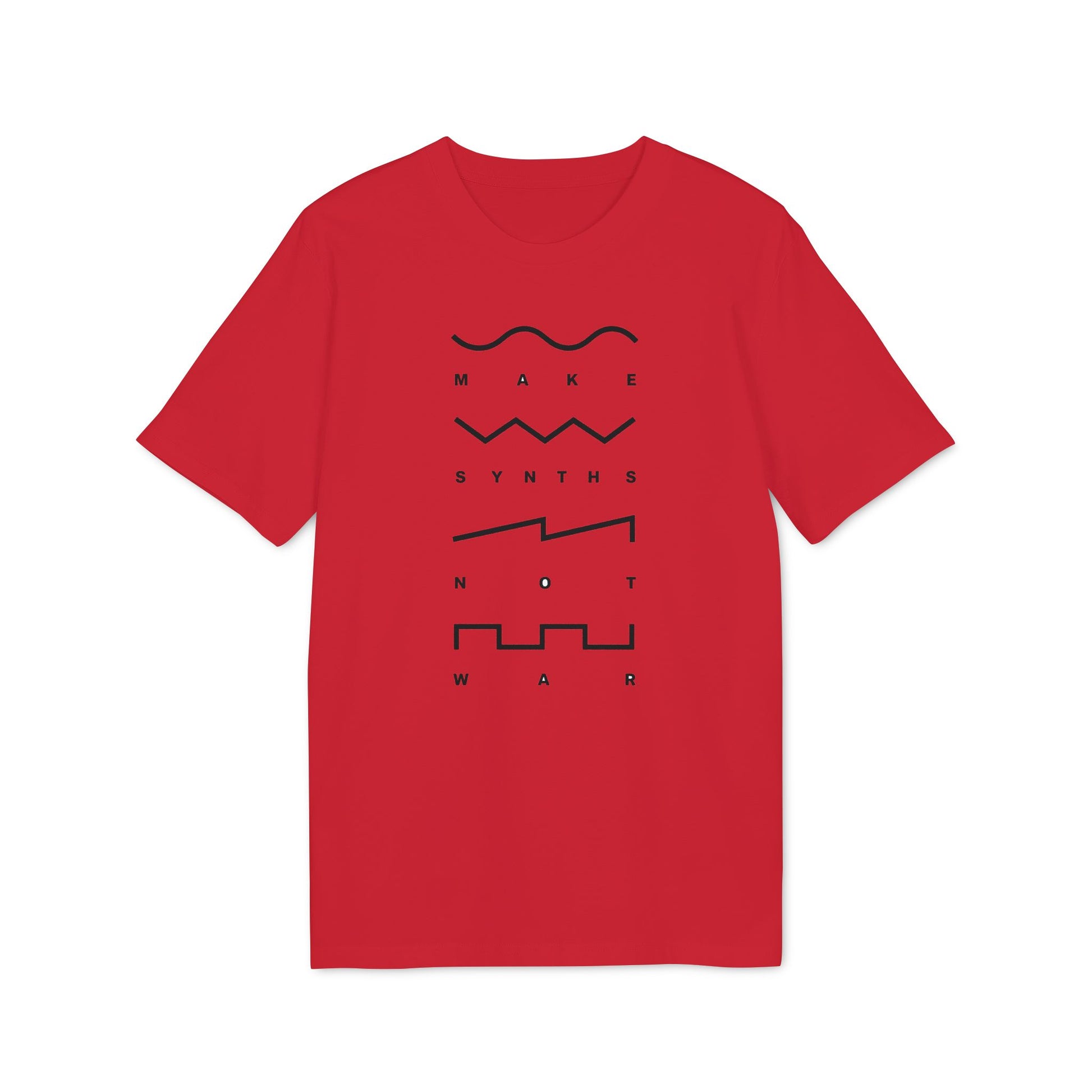 Red t-shirt with "MAKE SYNTHS NOT WAR" text and synth waveforms.