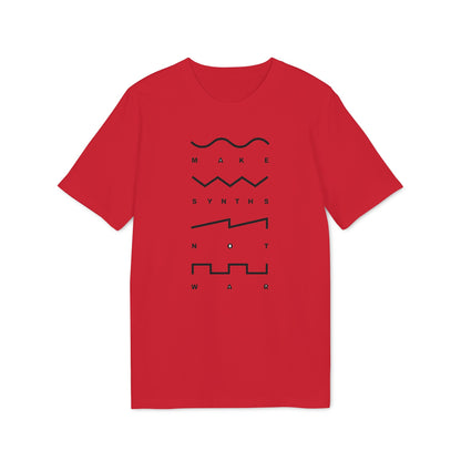 Red t-shirt with "MAKE SYNTHS NOT WAR" text and synth waveforms.