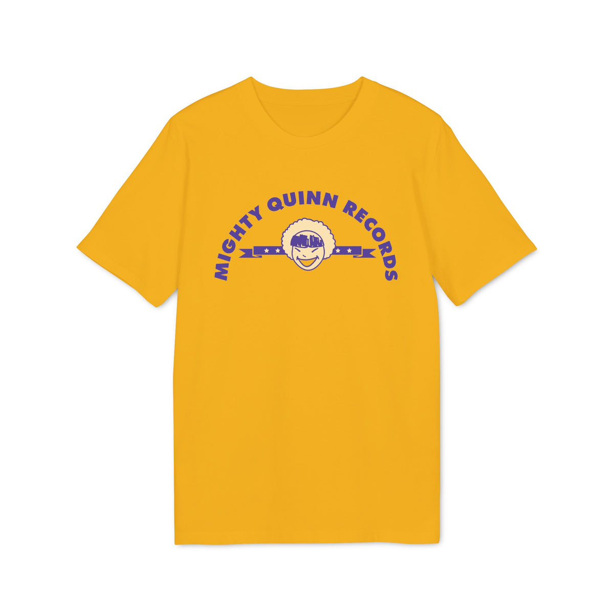 A mustard yellow short-sleeve t-shirt with a blue graphic reading Mighty Quinn Records and a smiling face logo.