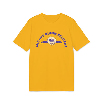 A mustard yellow short-sleeve t-shirt with a blue graphic reading Mighty Quinn Records and a smiling face logo.