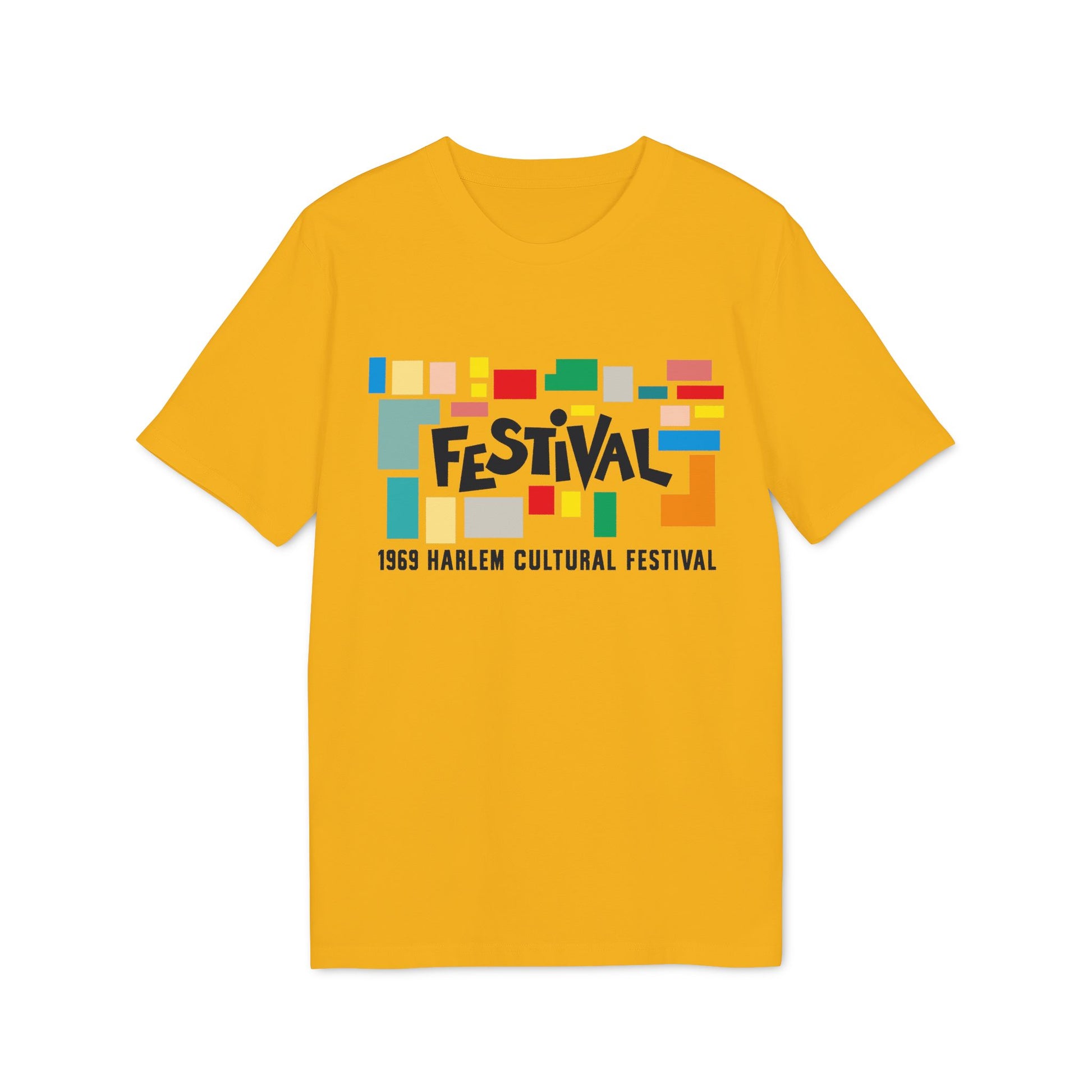 Yellow t-shirt with abstract colorful blocks and "Festival 1969 Harlem Cultural Festival" text.