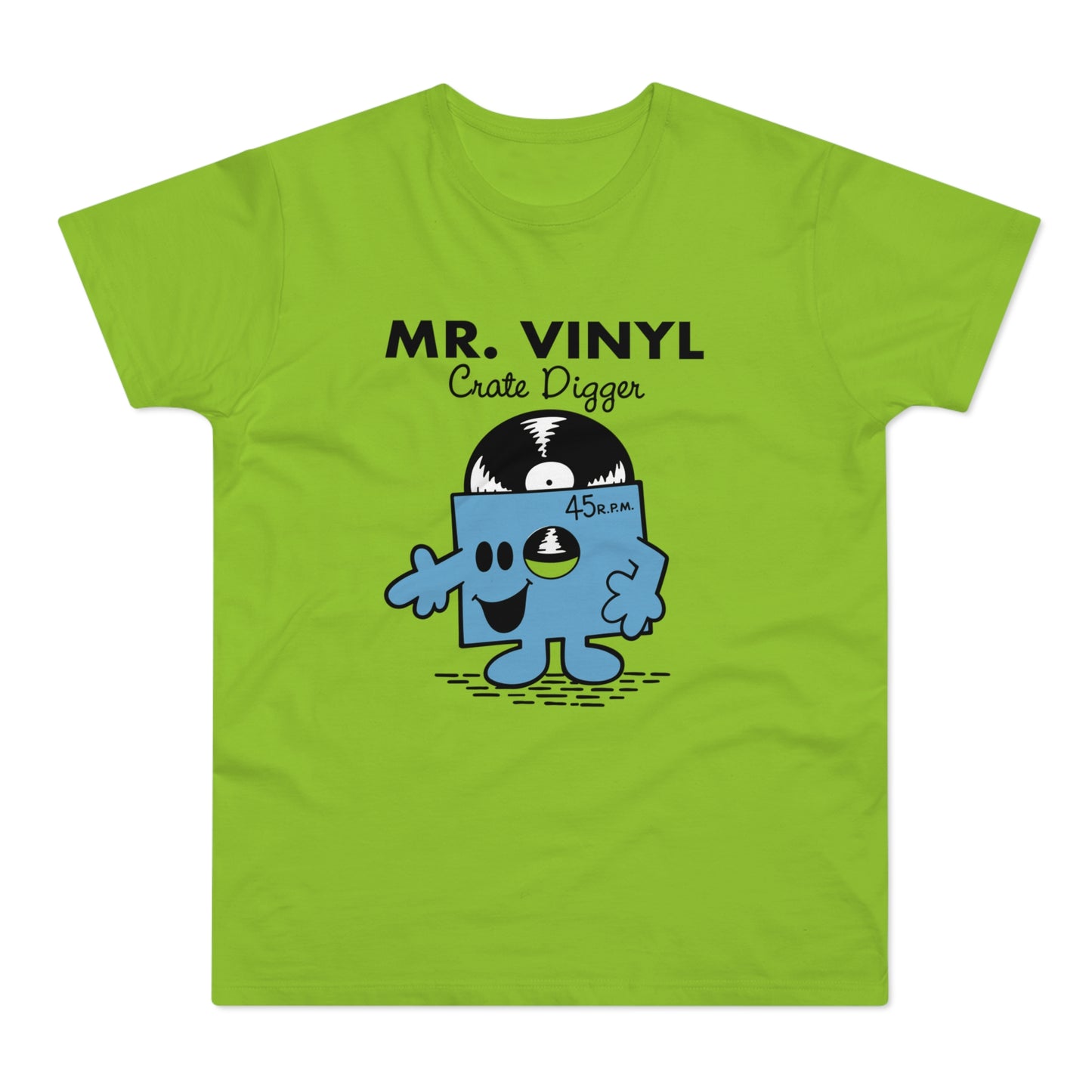 Green t-shirt with cartoon vinyl record character and text "MR. VINYL Crate Digger".