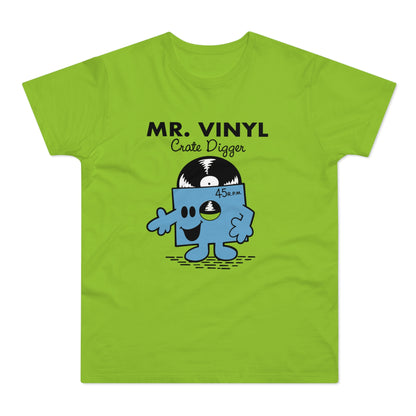 Green t-shirt with cartoon vinyl record character and text "MR. VINYL Crate Digger".