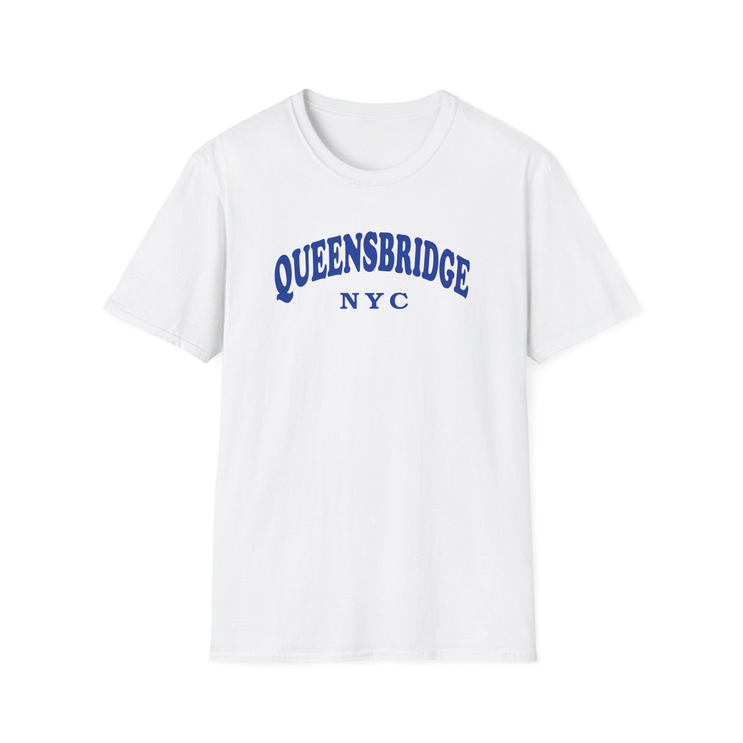 White t-shirt with blue "QUEENSBRIDGE NYC" text in an arched font.