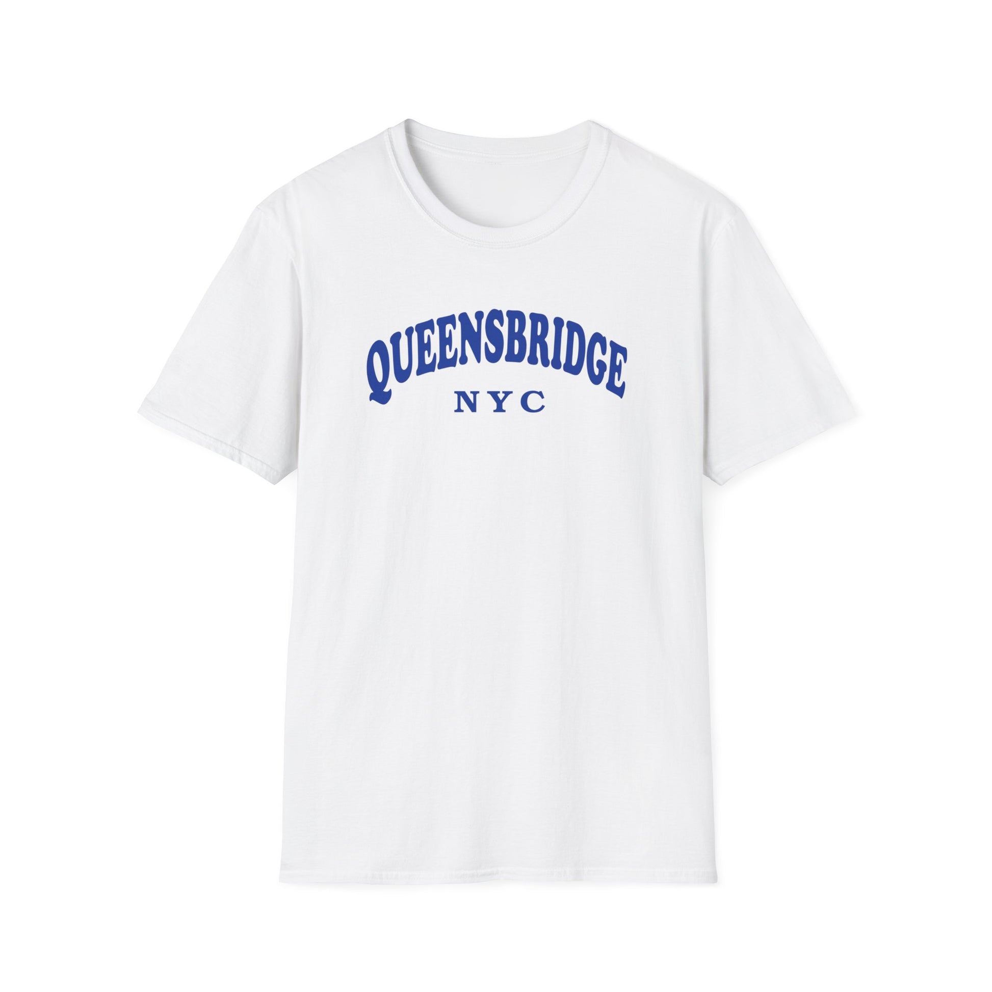 White t-shirt with blue "QUEENSBRIDGE NYC" text in an arched font.
