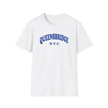 White t-shirt with blue "QUEENSBRIDGE NYC" text in an arched font.