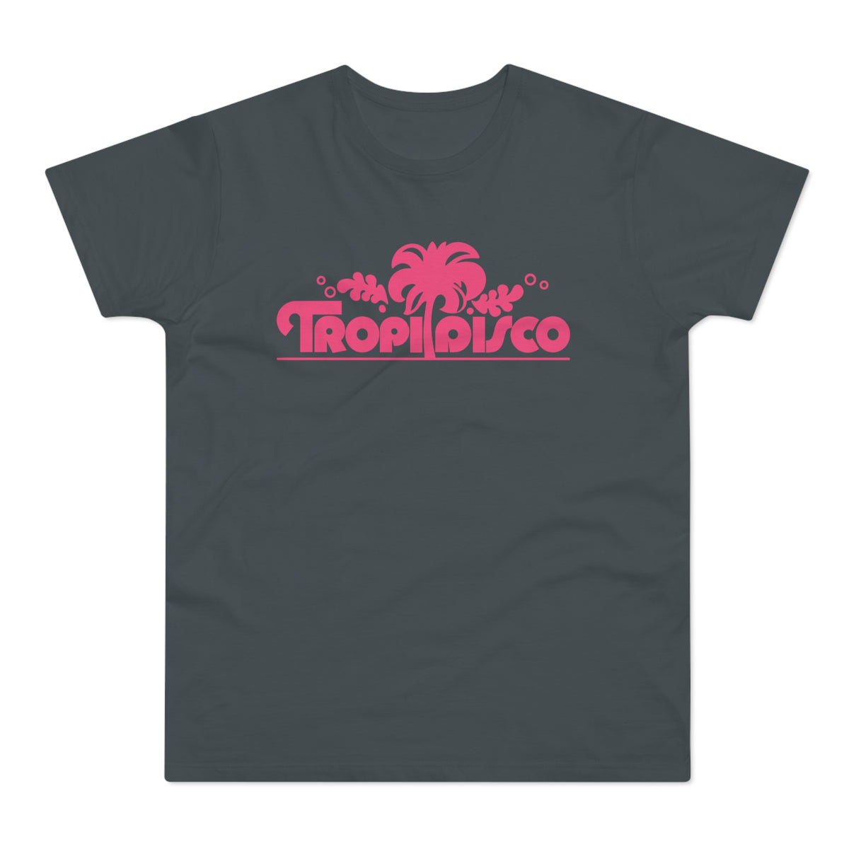 Dark grey t-shirt with a pink "TropiDisco" logo featuring a palm tree.