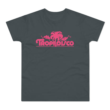 Dark grey t-shirt with a pink "TropiDisco" logo featuring a palm tree.