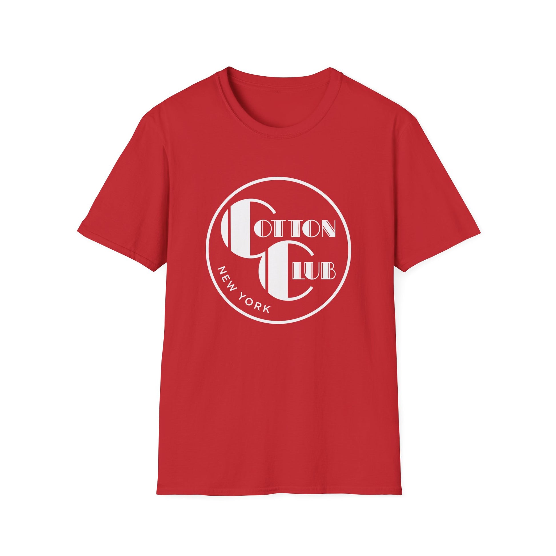 Red t-shirt with white "Cotton Club New York" circular logo on the chest.