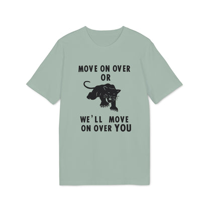 Light green t-shirt with black panther graphic and text "MOVE ON OVER OR WE'LL MOVE ON OVER YOU".