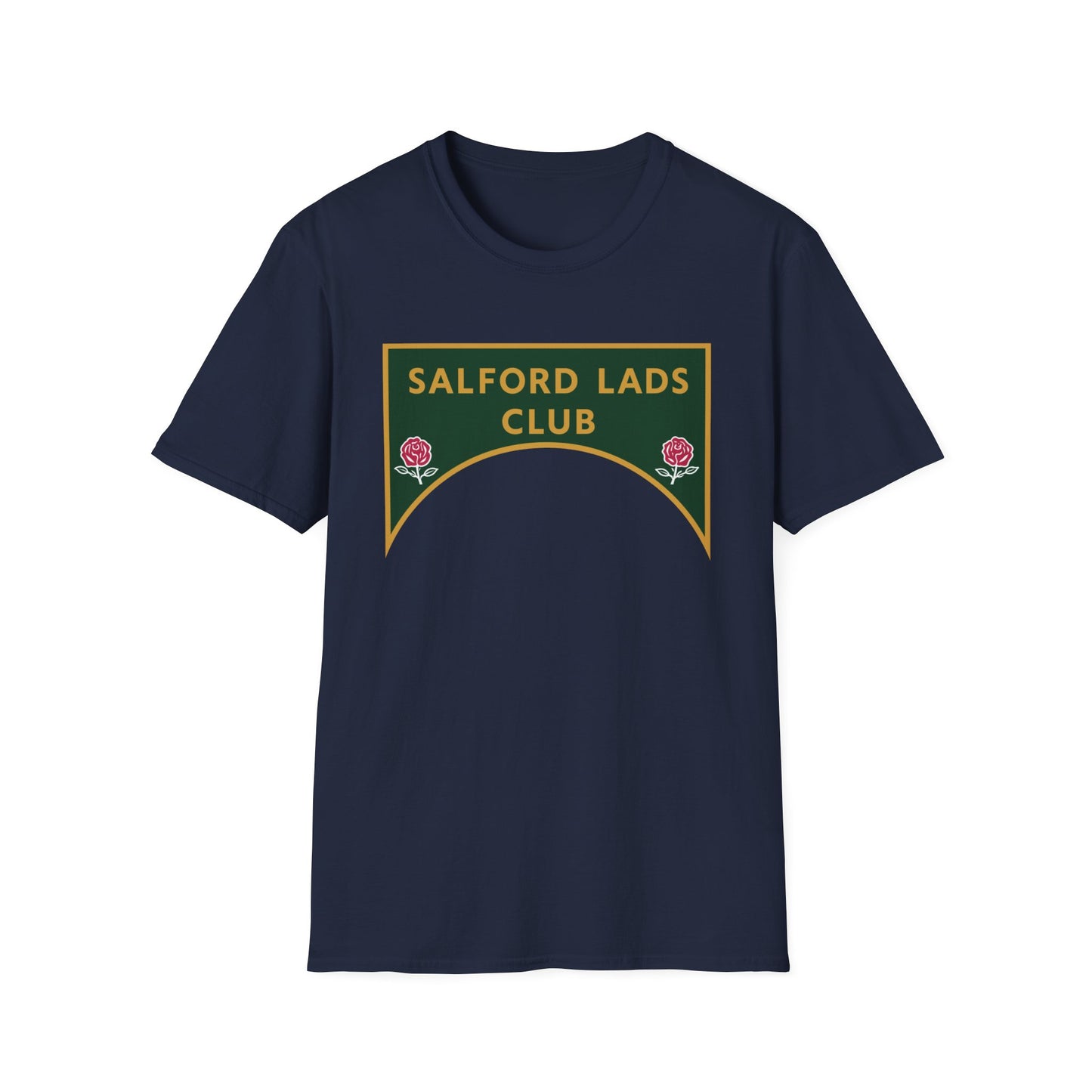 Navy t-shirt with a green and gold Salford Lads Club logo featuring two rose emblems.