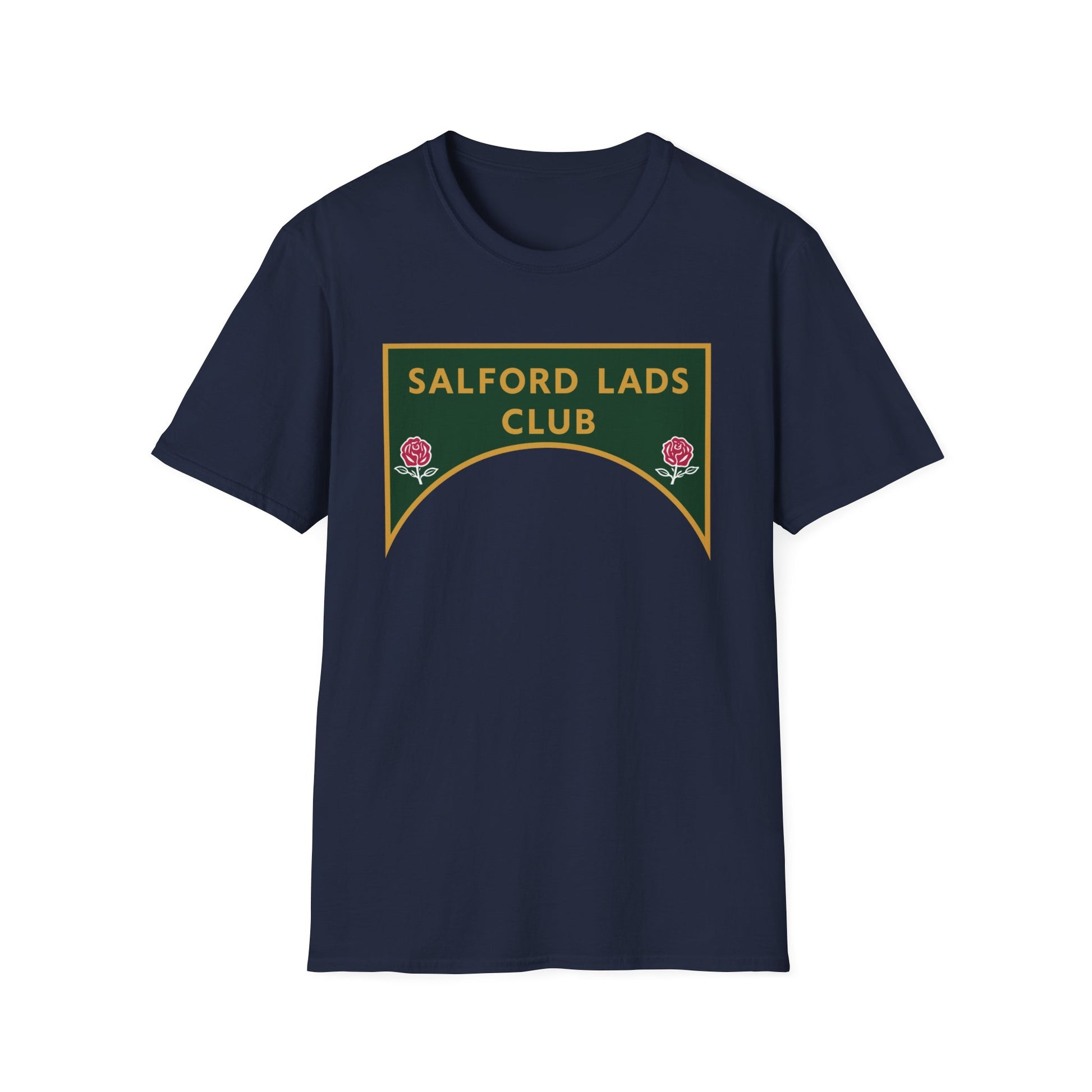 Navy t-shirt with a green and gold Salford Lads Club logo featuring two rose emblems.