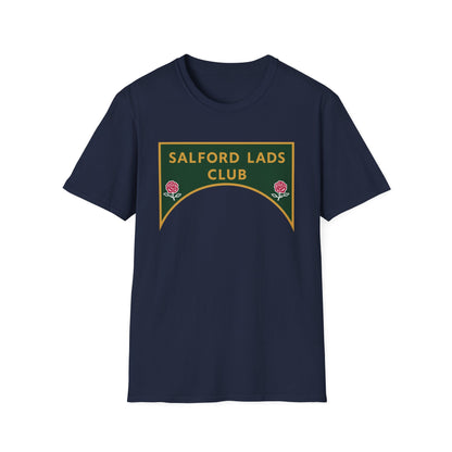 Navy t-shirt with a green and gold Salford Lads Club logo featuring two rose emblems.