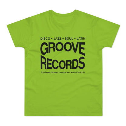 Lime green t-shirt with black text: DISCO JAZZ SOUL LATIN, GROOVE RECORDS, 52 Greek Street, London W1.