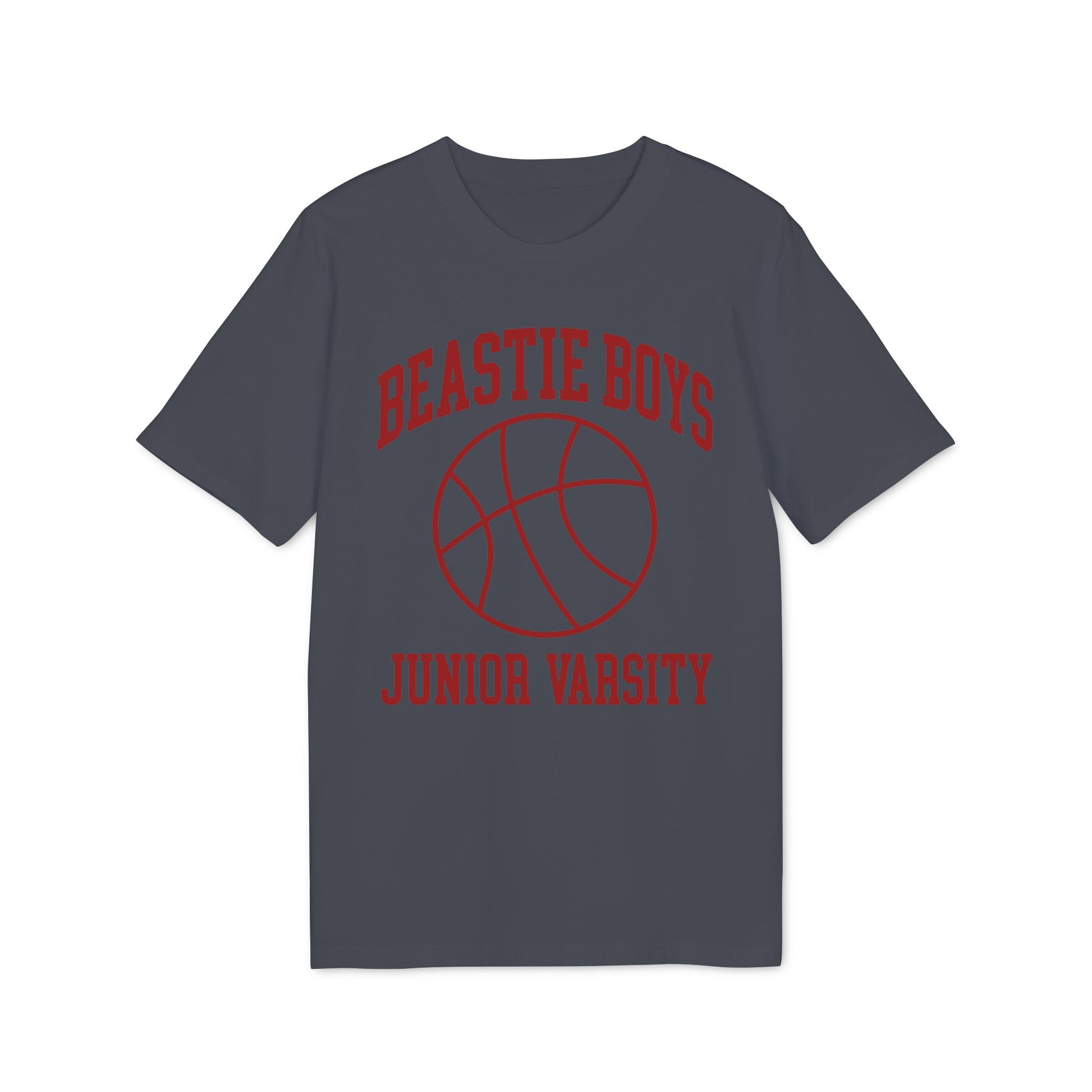 Dark grey t-shirt with red "Beastie Boys Junior Varsity" text and basketball graphic.