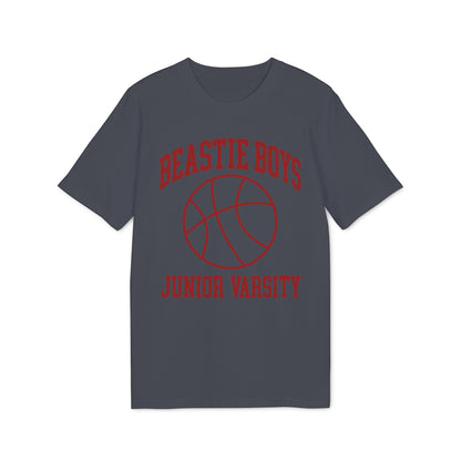 Dark grey t-shirt with red "Beastie Boys Junior Varsity" text and basketball graphic.