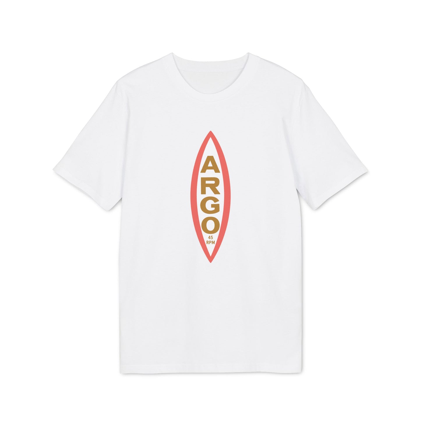 White t-shirt with vertical "ARGO 45 RPM" text logo on front.