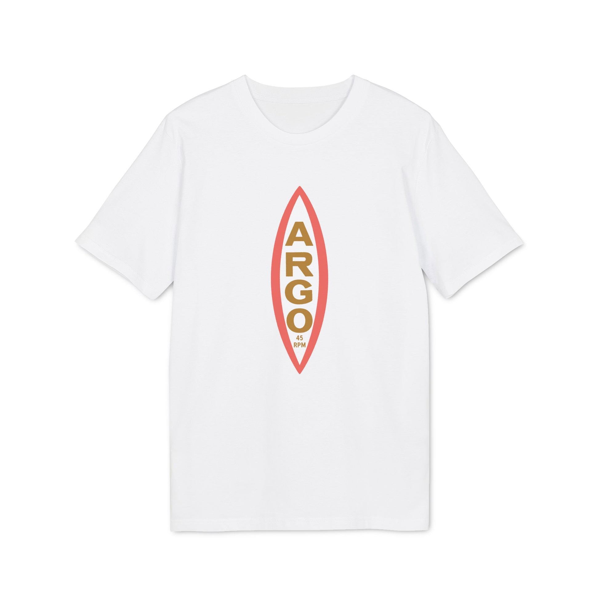 White t-shirt with vertical "ARGO 45 RPM" text logo on front.