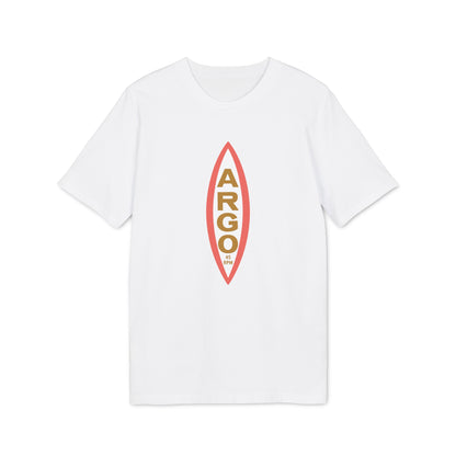 White t-shirt with vertical "ARGO 45 RPM" text logo on front.