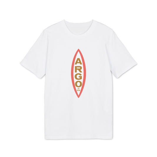 White t-shirt with vertical "ARGO 45 RPM" text logo on front.