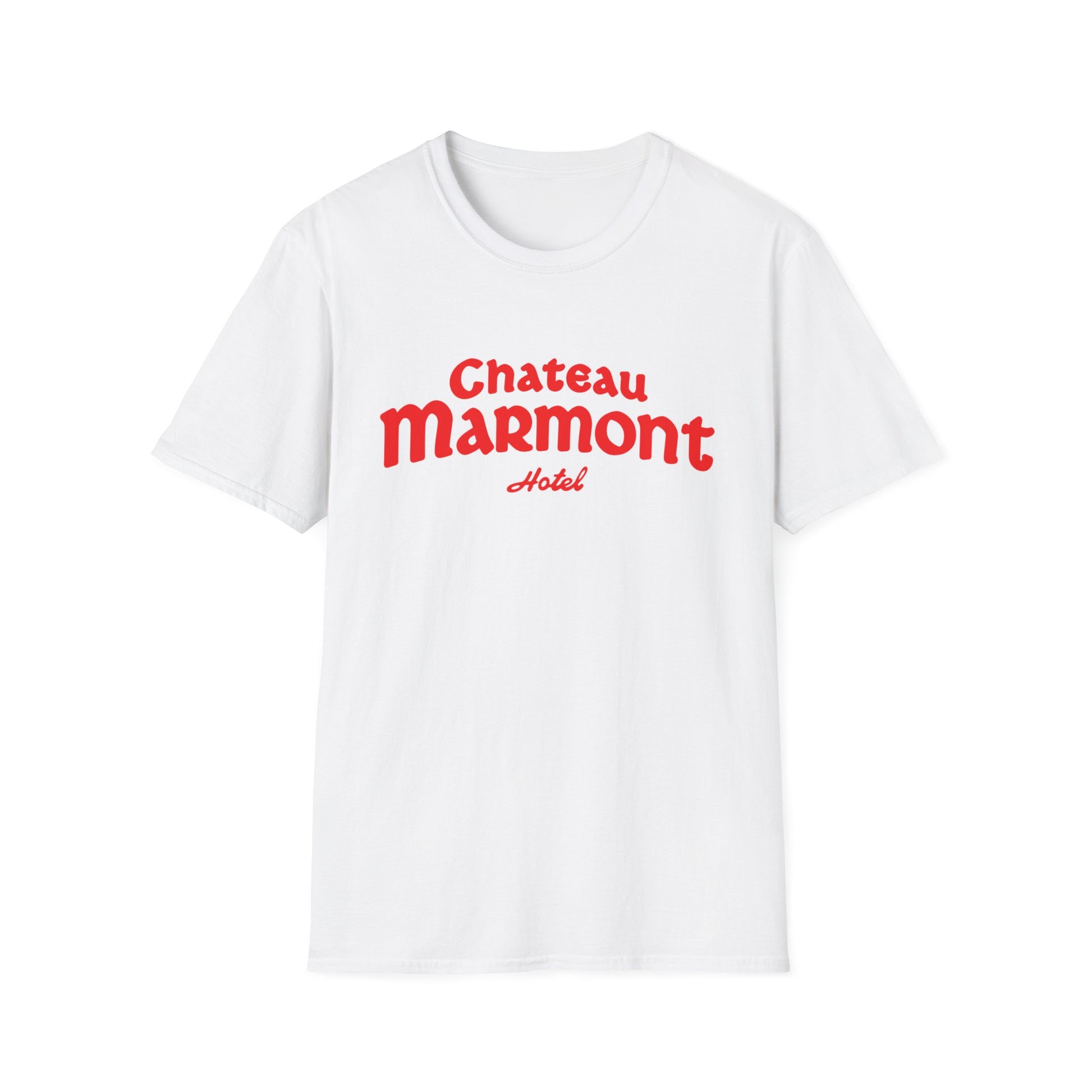White t-shirt with red "Chateau Marmont Hotel" text.