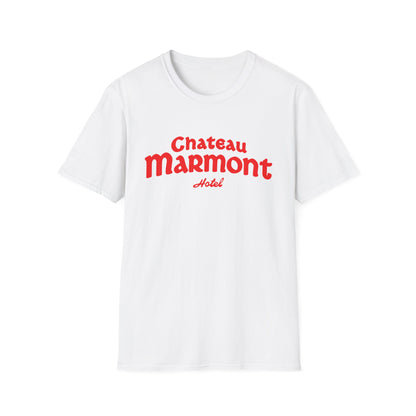 White t-shirt with red "Chateau Marmont Hotel" text.