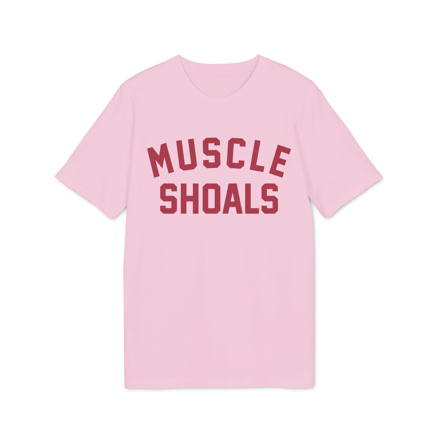 Pink t-shirt with maroon text reading "MUSCLE SHOALS"