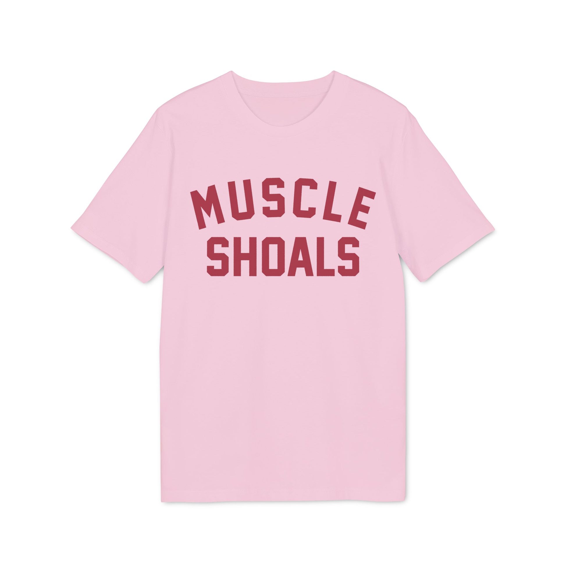 Pink t-shirt with maroon text reading "MUSCLE SHOALS"