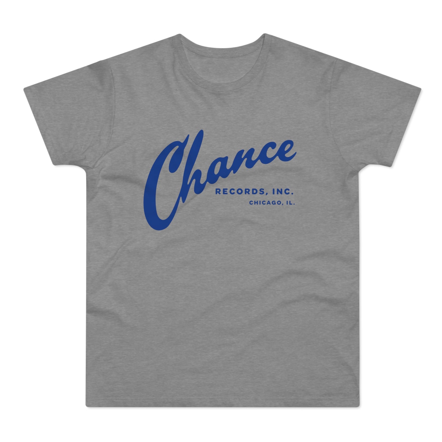 Grey t-shirt with blue "Chance Records, Inc. Chicago, IL." text logo.