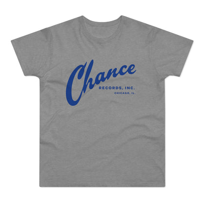Grey t-shirt with blue "Chance Records, Inc. Chicago, IL." text logo.