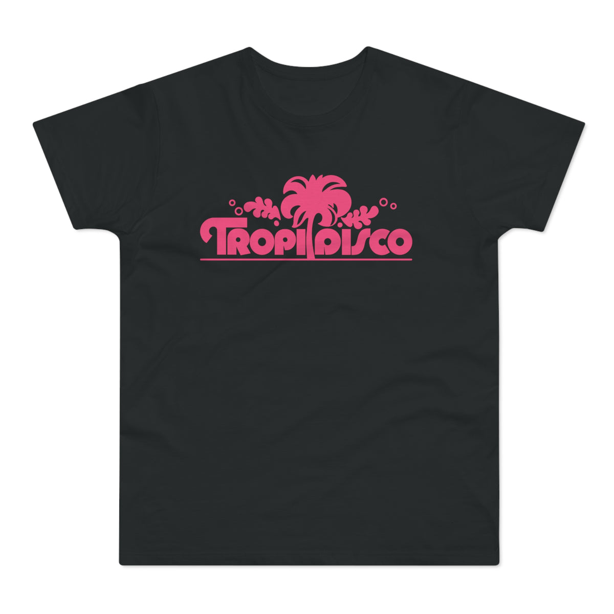 Black t-shirt with a pink "Tropi Disco" logo and palm tree graphic.