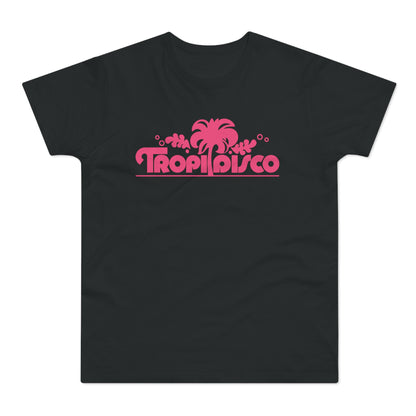 Black t-shirt with a pink "Tropi Disco" logo and palm tree graphic.