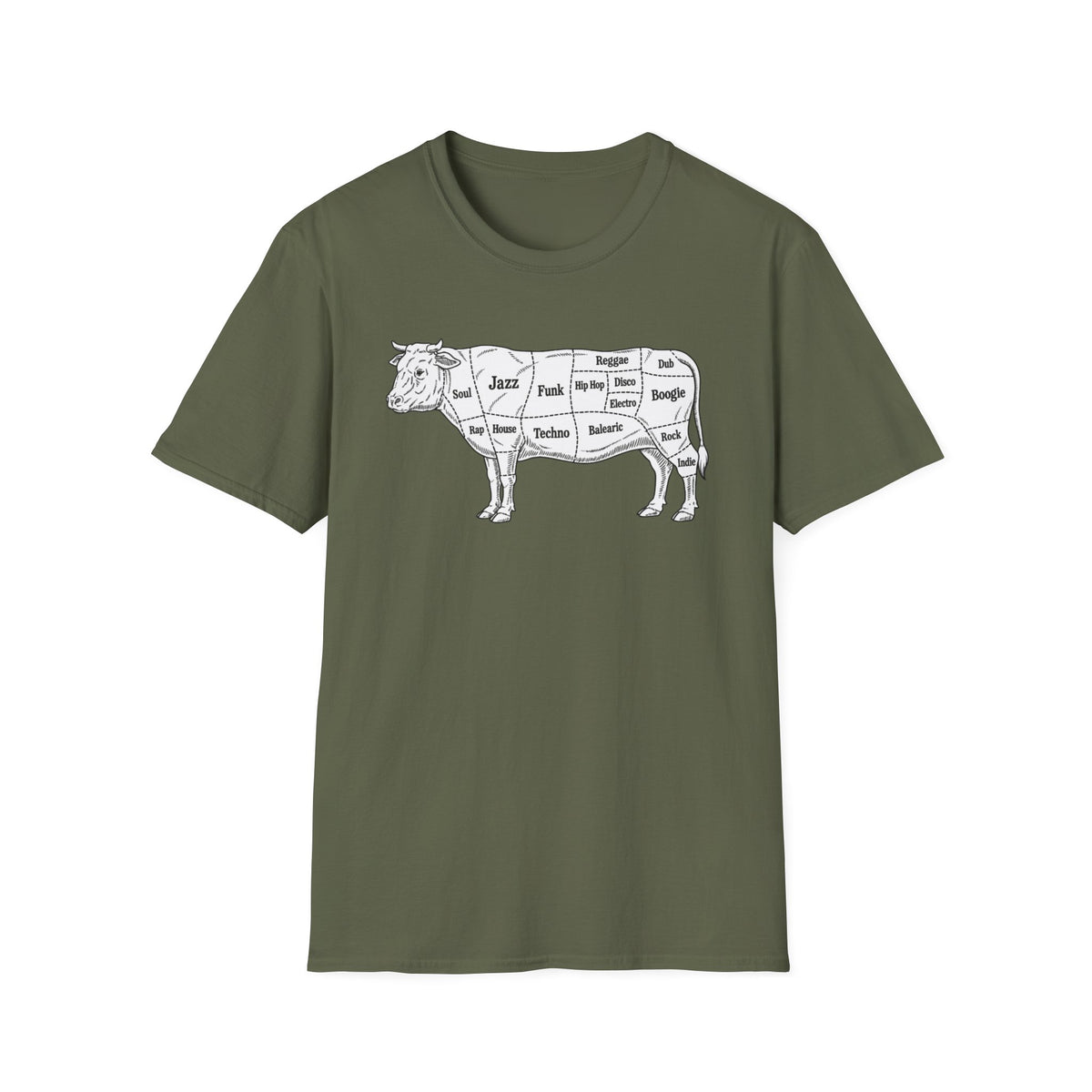 Olive green t-shirt with a white illustration of a cow divided into musical genres.