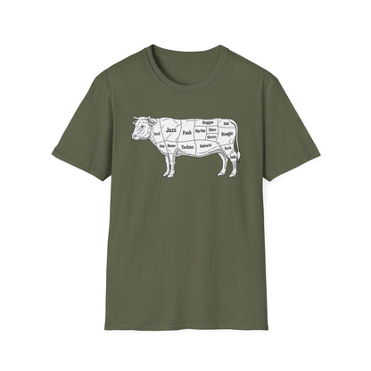 Olive green t-shirt with a white illustration of a cow divided into musical genres.