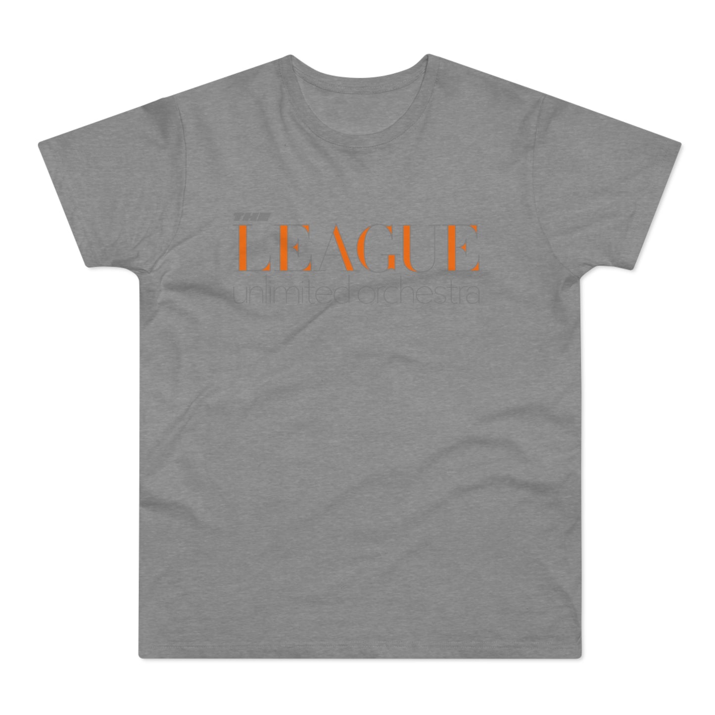 Grey t-shirt with orange "THE LEAGUE" and "unlimited orchestra" text.